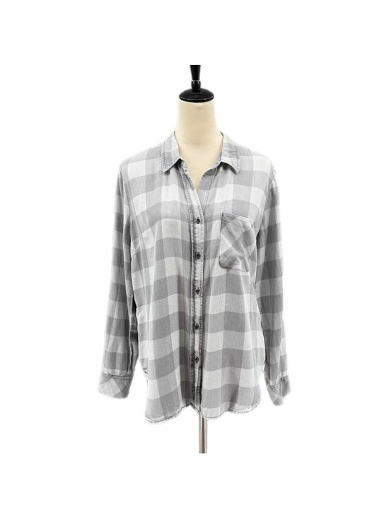 Billy T Tops - Billy T Gray Plaid Button Up Long Sleeve Collared Lightweight Soft Fall Blouse